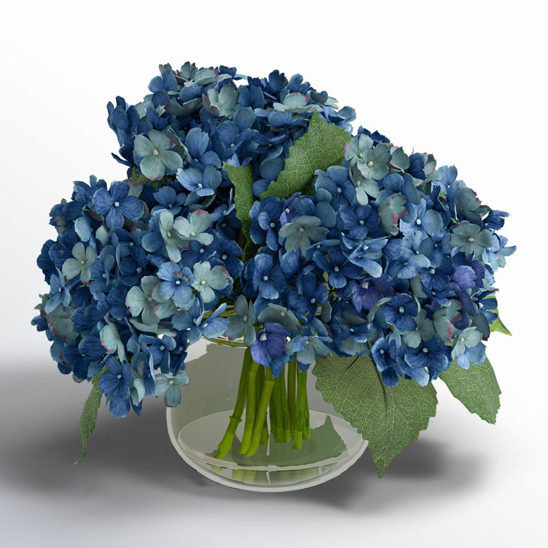 Hydrangea Bouquet In Bubble Glass Vase, Dark Blue