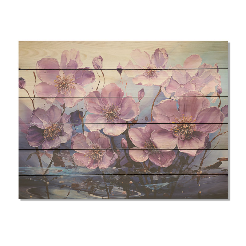 «Violet Flower Meadow Harmony I», art mural en bois sur fond de pin naturel, H 24 po x l 32 po