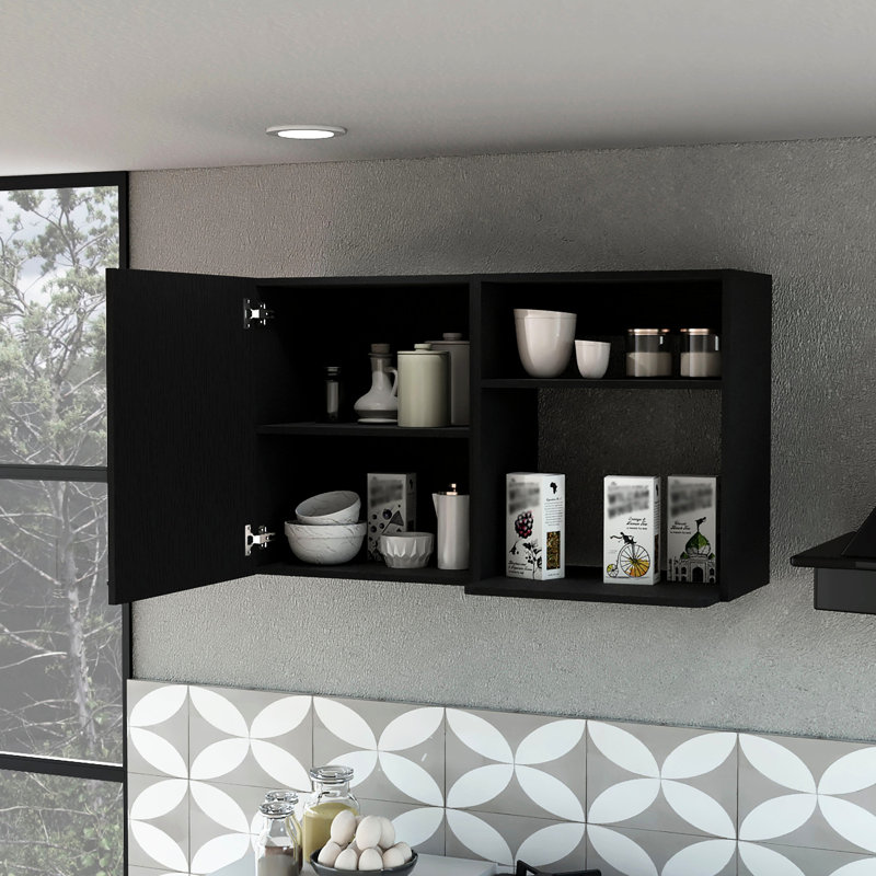 Armoire murale de cuisine noire avec 2 tablettes - facile à assembler et à installer, poignée en métal, offre un grand espace de rangement dans des tablettes latérales supplémentaires, élégante