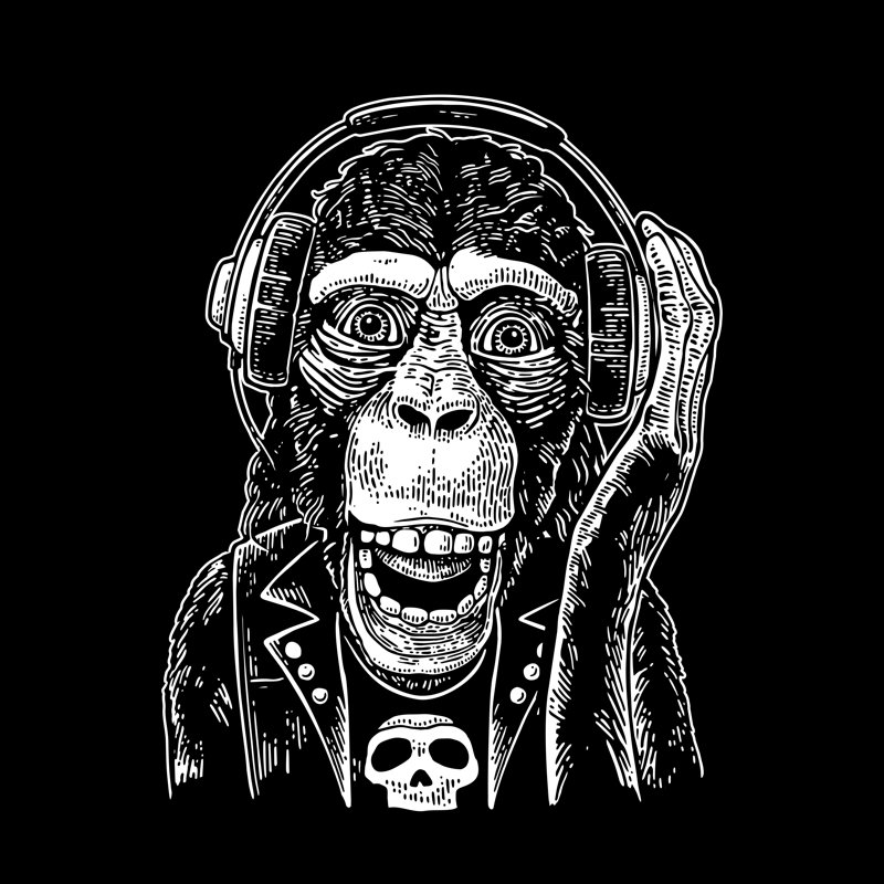 Betthezel Monkey Rocker In Headphones And T-Shirt With Skull. Vintage Engraving by DenPotisev - Wrapped Canvas Print