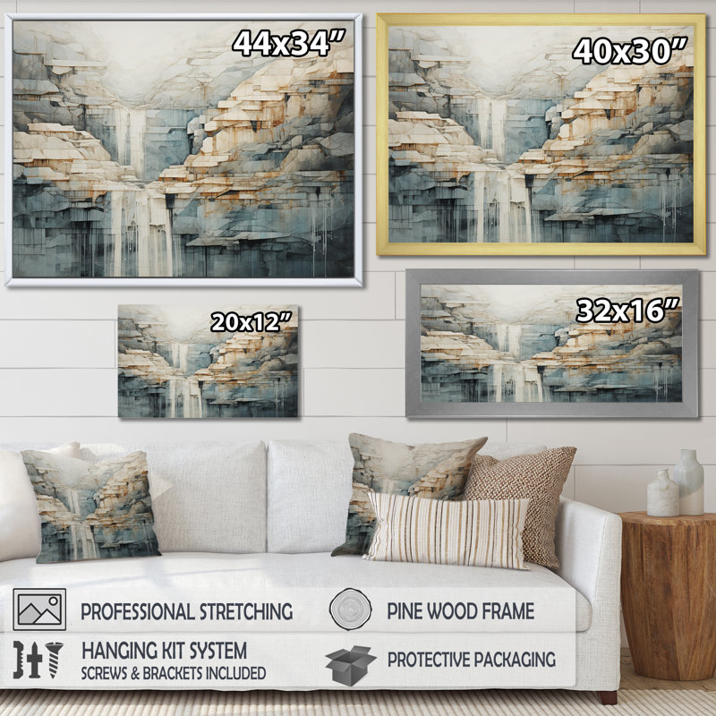 «Gold and Gray Waterfall Adventure Scene III», reproduction sur toile, Cadre naturel flottant, H 24 po x l 32 po x P 1 po