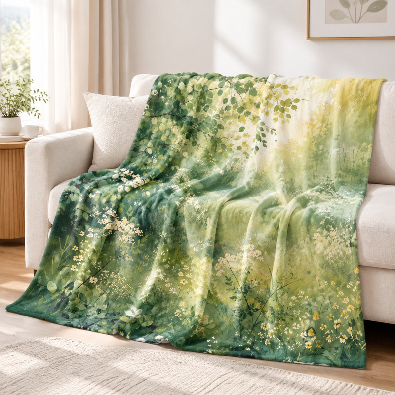Plaid fleuri aquarelle - Motif luxuriant de verdure et de fleurs sauvages, design artistique, léger, respirant, toutes saisons, doux pour la peau, lavable en machine, décoratif, pour canapé, fauteuil, salon et chambre