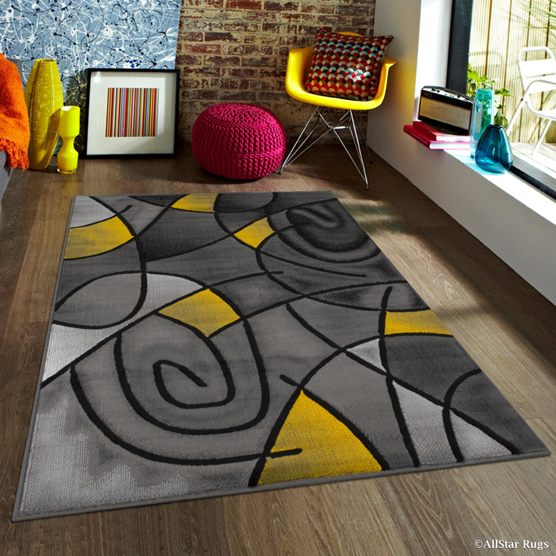 Allstar 5X7 Modern Accent Rug In Grey With Charcoal Grey Abstract Mosaic Curve Design (4' 11" X 6' 11") Wrought Studio™ Rug 