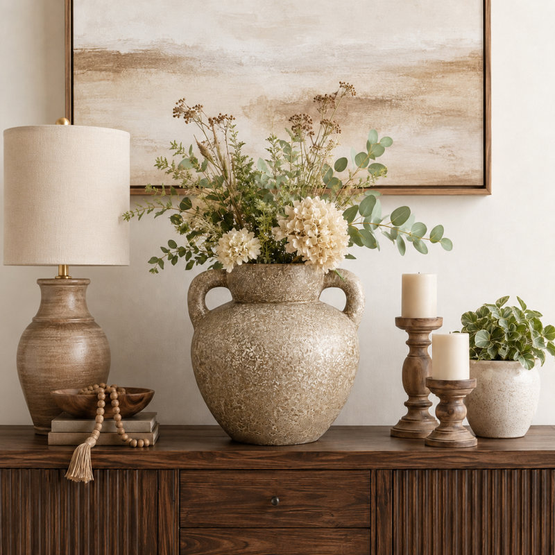 Vase de table rustique en terre cuite texturée avec poignées, idéal pour une entrée ou comme élément décoratif sur une étagère - Grand vase contemporain pour le salon ou la décoration intérieure - 33 cm