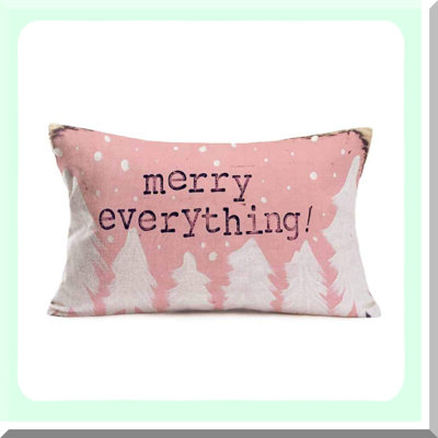 Pink Xmas Farmhouse Throw Pillow - Merry Everything Quote Cushion Cover - Cotton Linen Outdoor Decor - White Trees Background Case