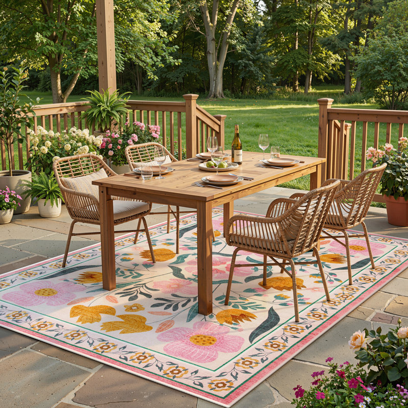 Washable American Countryside Floral  6X9 Pink Outdoor Rug, Non Slip Quick-Dry Mesh Rug for Deck Backyard, Pink