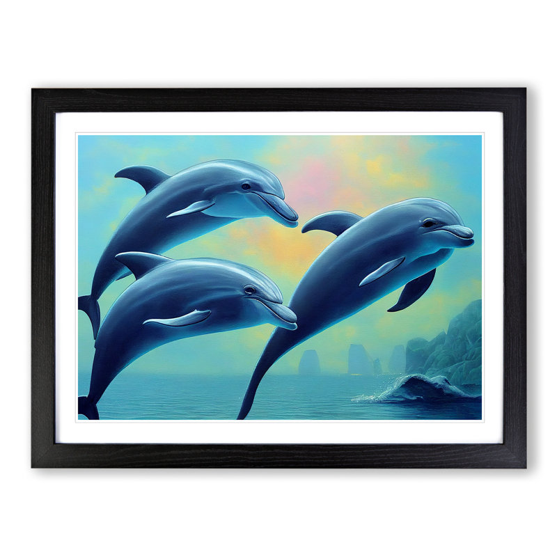 XH1022-9225X Trio Of Dolphins - Single Picture Frame Painting, Black, 46cm H x 64cm W x 2cm D