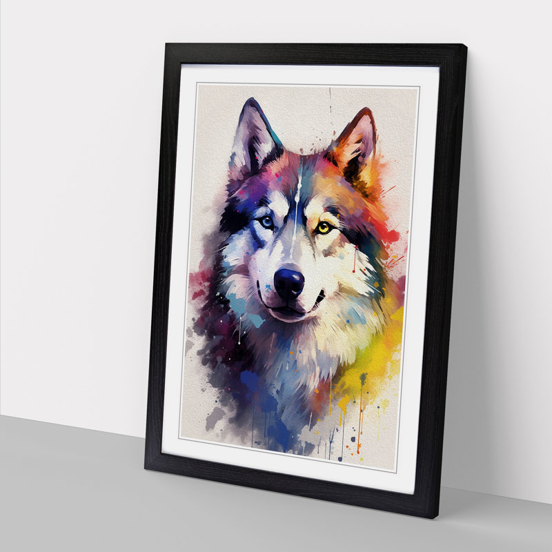 Husky Gestural - Single Picture Frame Print on Wood, Black, 46cm H x 34cm W x 2cm D