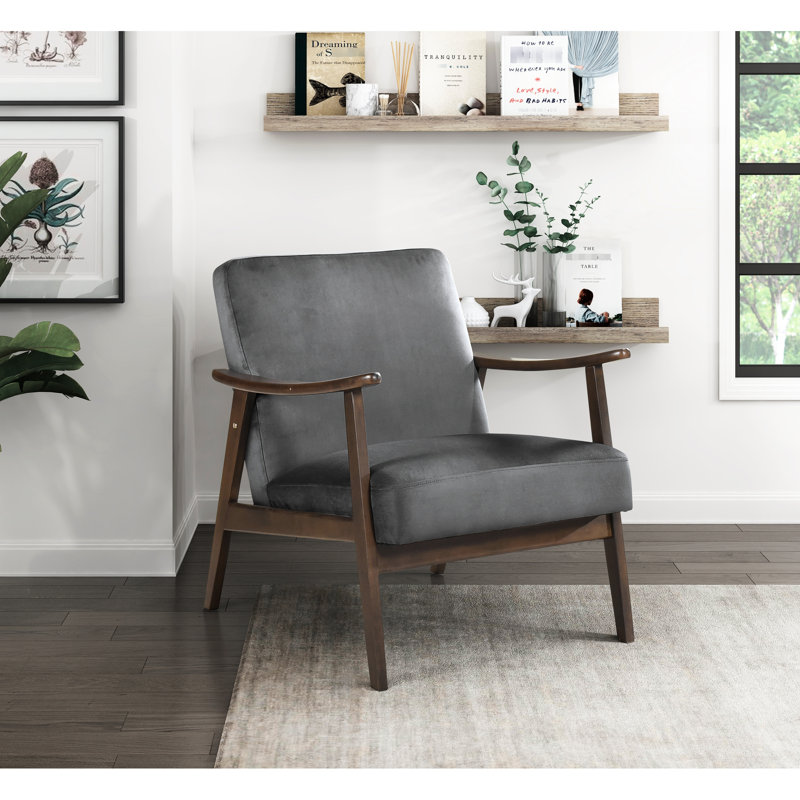 Chaise d'appoint de style Mid-Century moderne, housse en velours gris foncé, assise de base, structure en bois massif, construction durable
