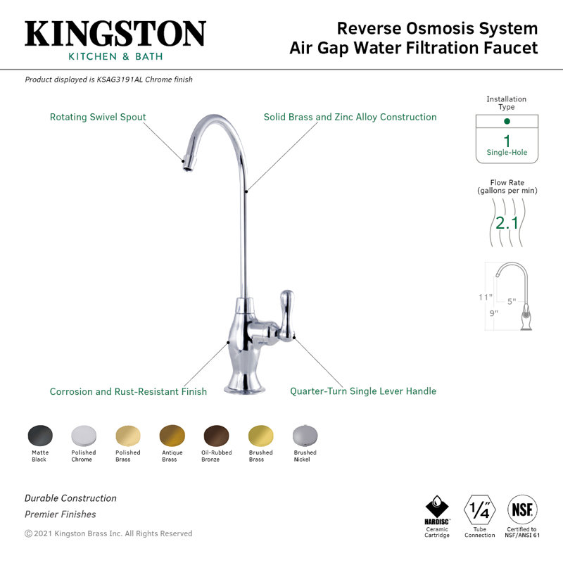 Robinet de filtration d'eau à fixation sur comptoir 1 trou Kingston, Laiton brossé