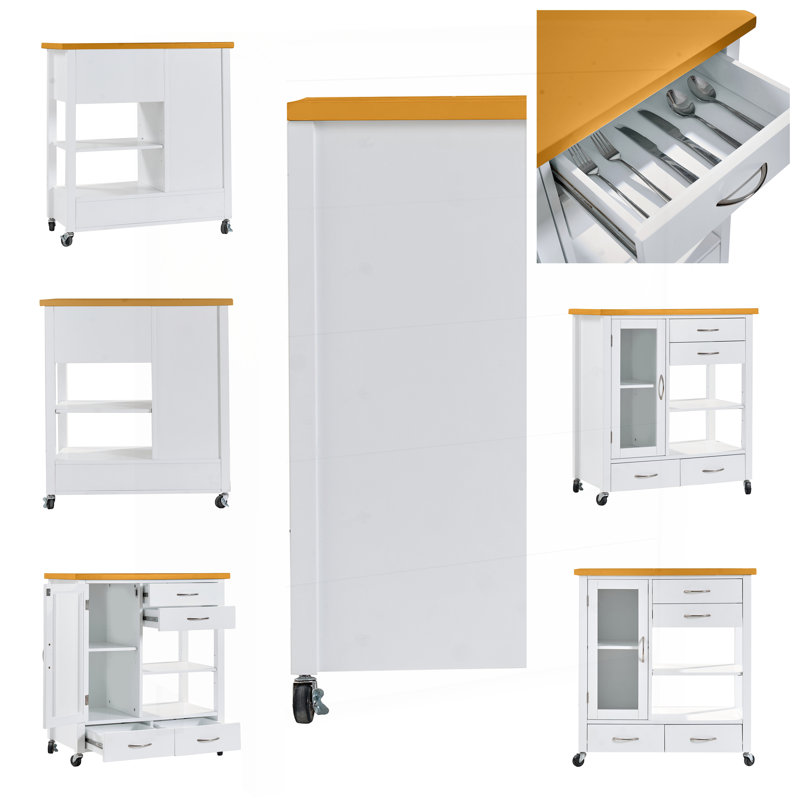 Chariot pour îlot de cuisine roulant avec plateau en noyer, tiroirs de rangement, armoire et barre à serviettes pour une organisation flexible.