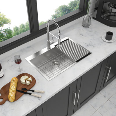 18 Gauge Stainless Steel 33" Topmount Single Bowl Kitchen Sink Drop In, T-304 Build, 22-Inch Width, 9-Inch High, X-Shaped Water Diversion Design, Full Coating To Cabinet From , Comes With Drying Rack