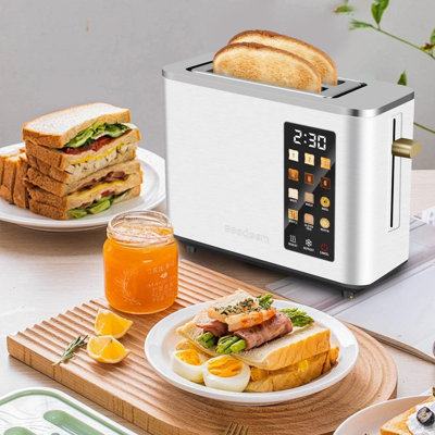 Grille-pain 2 tranches, grille-pain à écran tactile en acier inoxydable, 6 options de pain et de tonification, minuterie, plateau à miettes amovible, 900 W