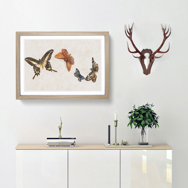 Four Butterflies by Fujishima Takeji - Framed Print, 27cm H x 36cm W x 2cm D, Oak Framed