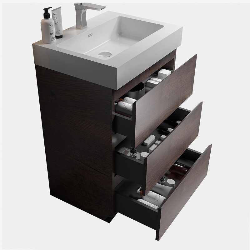 Coiffeuse en noyer avec lavabo, grande coiffeuse indépendante avec rangement, lavabo intégré moderne sans drainage et robinet, pré-assemblé