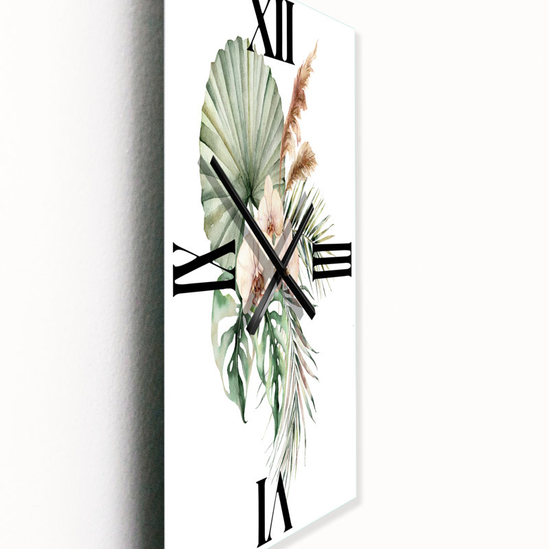 Horloge murale bouquet tropical avec orchidées feuilles de palmier, Grand