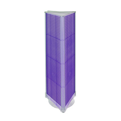 Présentoir de plancher en panneau perforé à trois côtés sur base pivotante. Support à roulettes. Taille du panneau: l 16 po x H 60 po