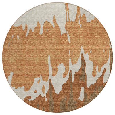 8' Orange And Brown Round Abstract Washable Indoor Outdoor Area Rug