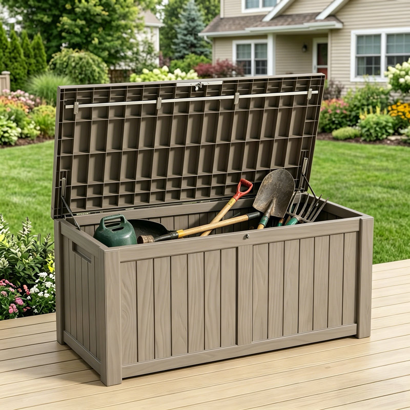150 Gallon Brown Resin Deck Box, Waterproof Weather Resistant Outdoor Storage Container with Lockable Lid, Hydraulic Lift, 550 lbs Support for Patio Cushions, Garden Tools, Pool Supplies