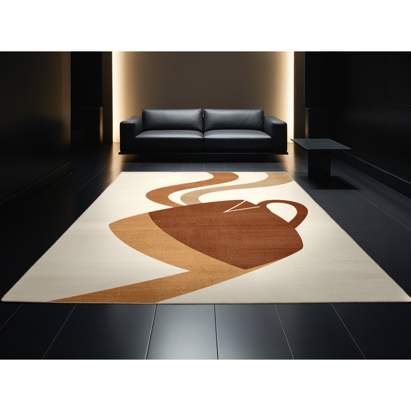 Tapis beige moderne et contemporain lavable à la machine Higgins Coffee Cup, 7 x 10
