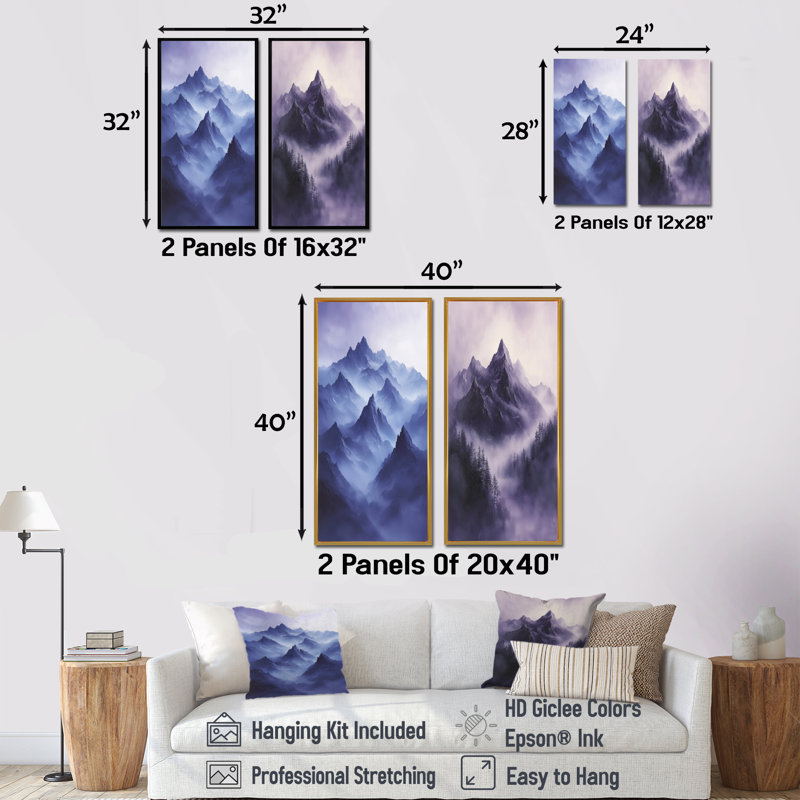 Misty Peaks In The Twilight III - Paysages, art mural 2 panneaux, H 28 po x l 25 po, Toile tendue, Ne s'applique pas