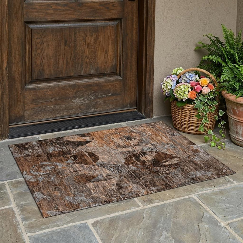 2' X 3' Brown Terracotta and Gray Floral Washable Non Skid Indoor Outdoor Area Rug
