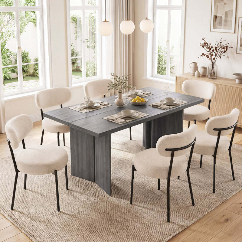 Table de salle à manger rectangulaire en bois Alyria de 63 po avec 6 chaises de salle à manger en cuir bouclé Sherpa, Grey
