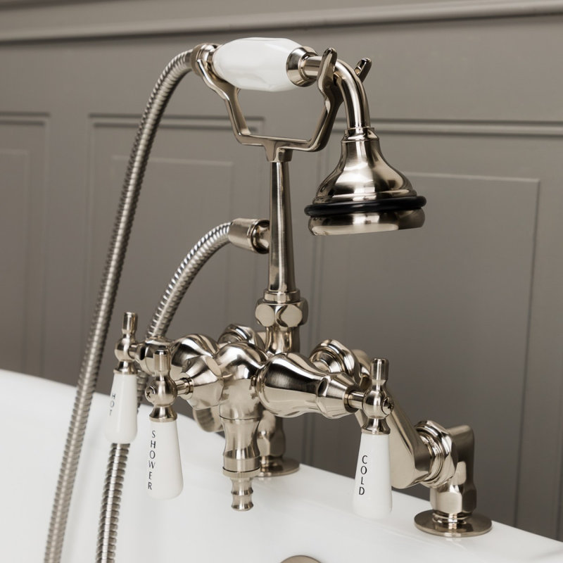 3 Handle Deck Clawfoot Tub Faucet with Diverter, Brushed Nickel