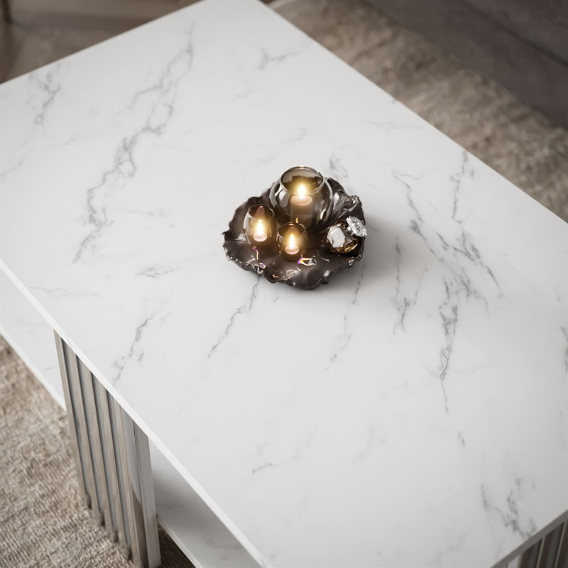 Four Leg Coffee Table with Storage, White, Silver, Marble