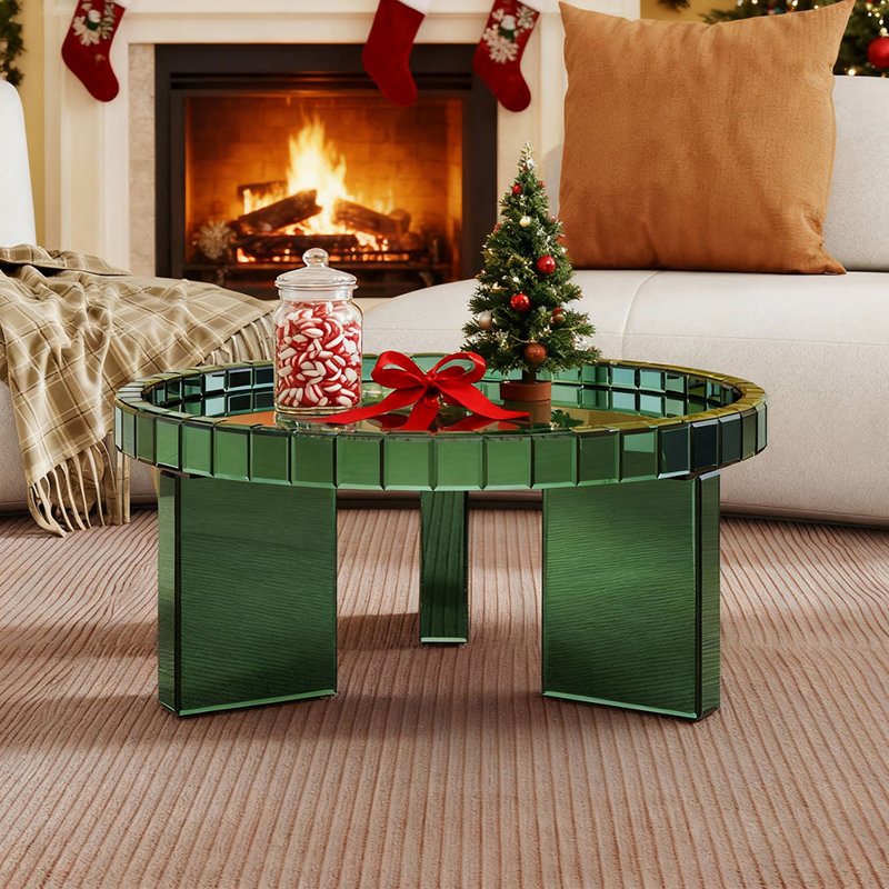 Amla Round Glass Coffee Table Cocktail Table Tray Top, Green