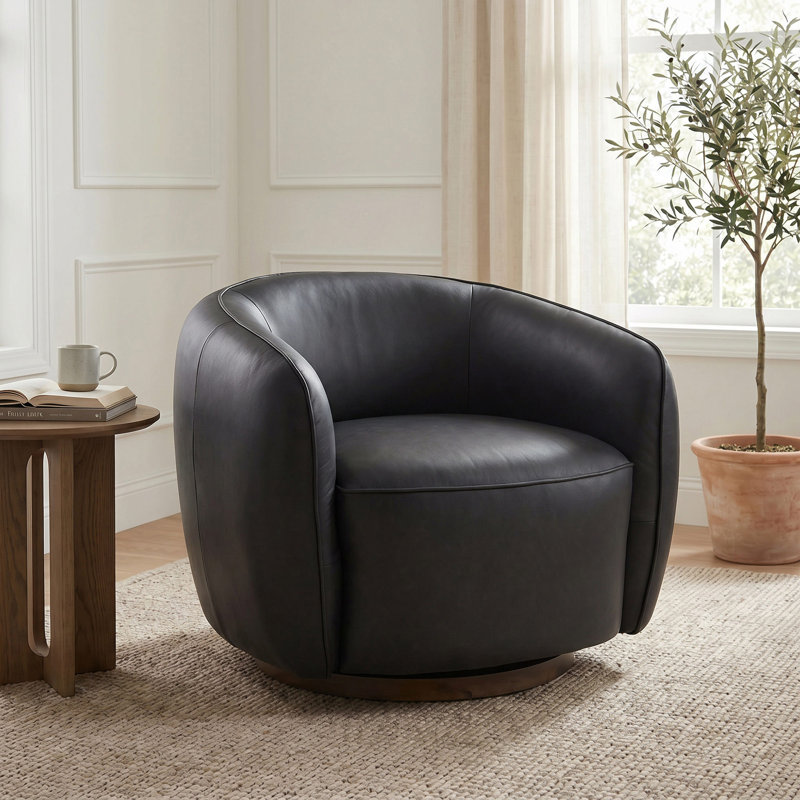 Modern Genuine Italian Leather Swivel Barrel Accent Chair with Wood Base, Fully Assembled, Black
