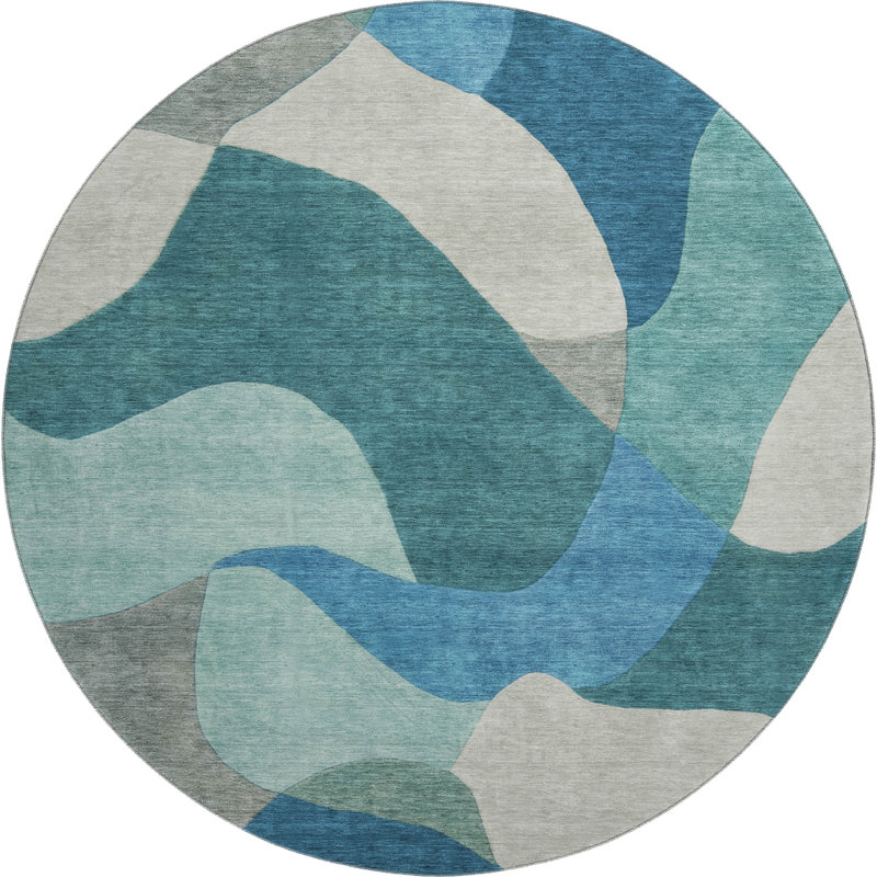 Premium Machine Washable Mayfield AMF2141 abstract Rug, Teal, 8' Round