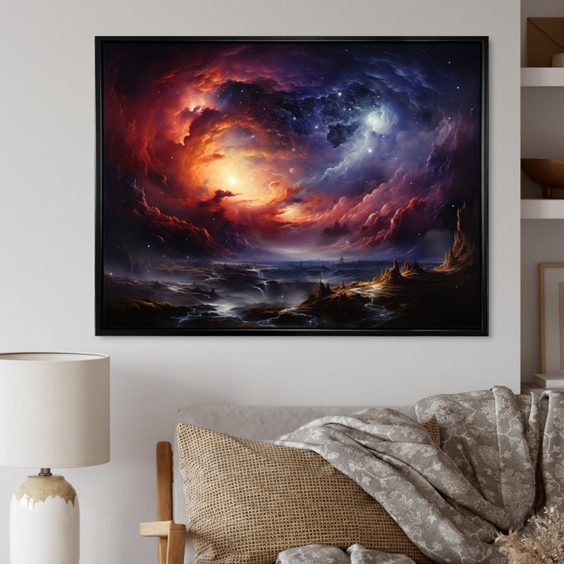 Rêves astronomiques oranges et mauves sur toile, H 12 po x l 20 po x P 1 po, Cadre flottant noir