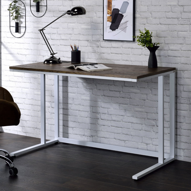 Bureau d'écriture rectangulaire avec port USB et prise, noyer et blanc