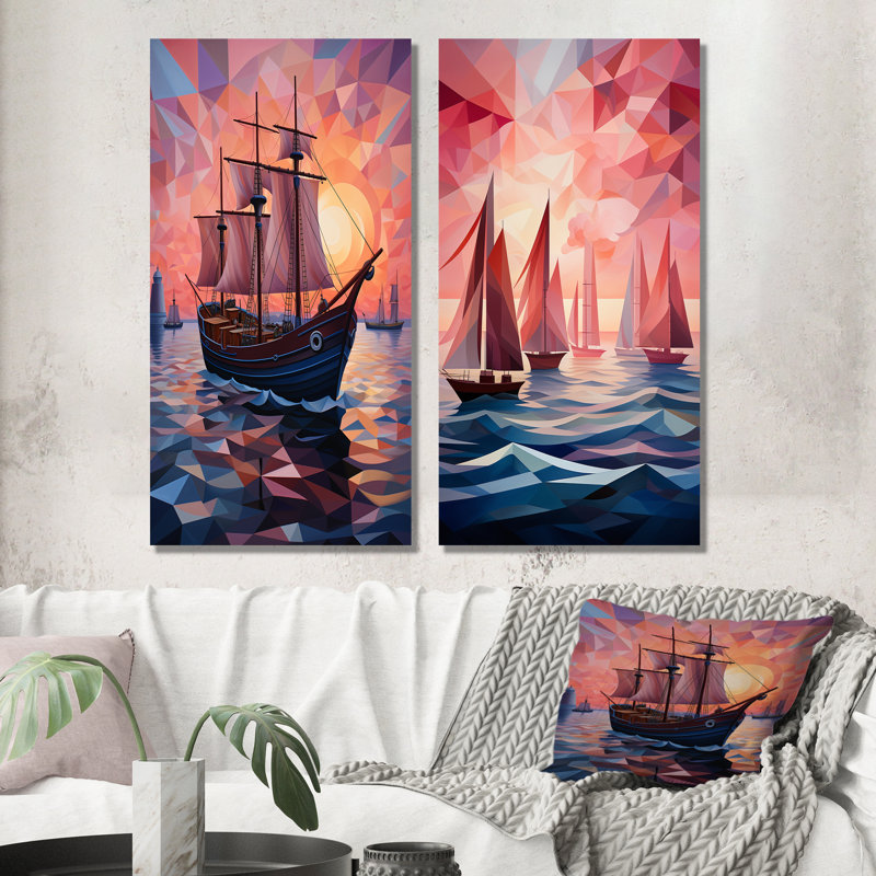 «Nautical Ship Twilight Sails II - Coastal Sunset», ensemble d'art mural sur toile, H 28 po x l 25 po, Toile tendue