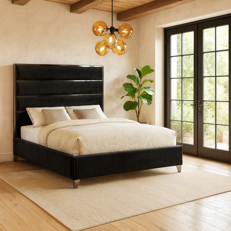 Lit plateforme tapissier Dietz, Velours noir, Double