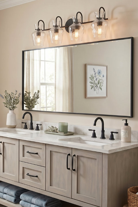 Double vanity bathroom featuring a light gray wood cabinet with a white marble countertop, black hardware, and a modern four-light fixture above a large rectangular black-framed mirror.