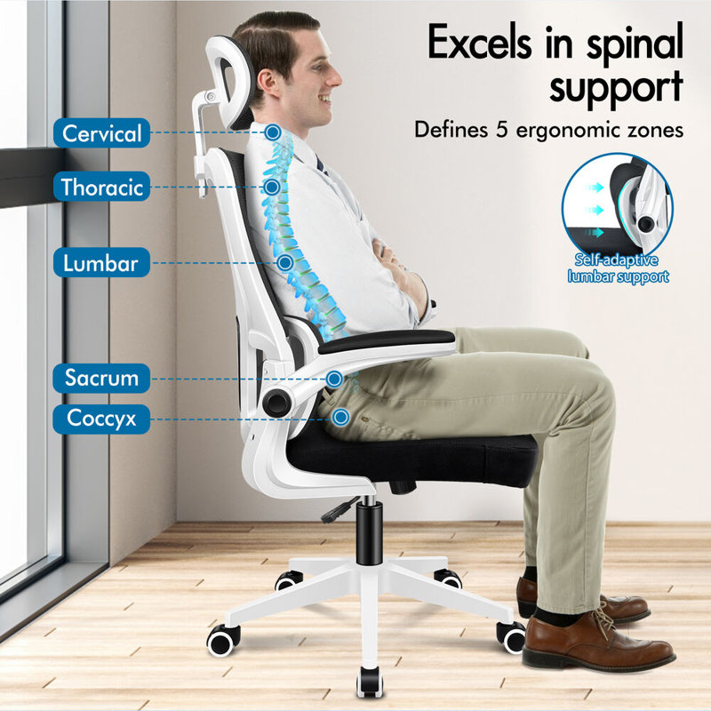 Office Chair with Headrest, White, Black