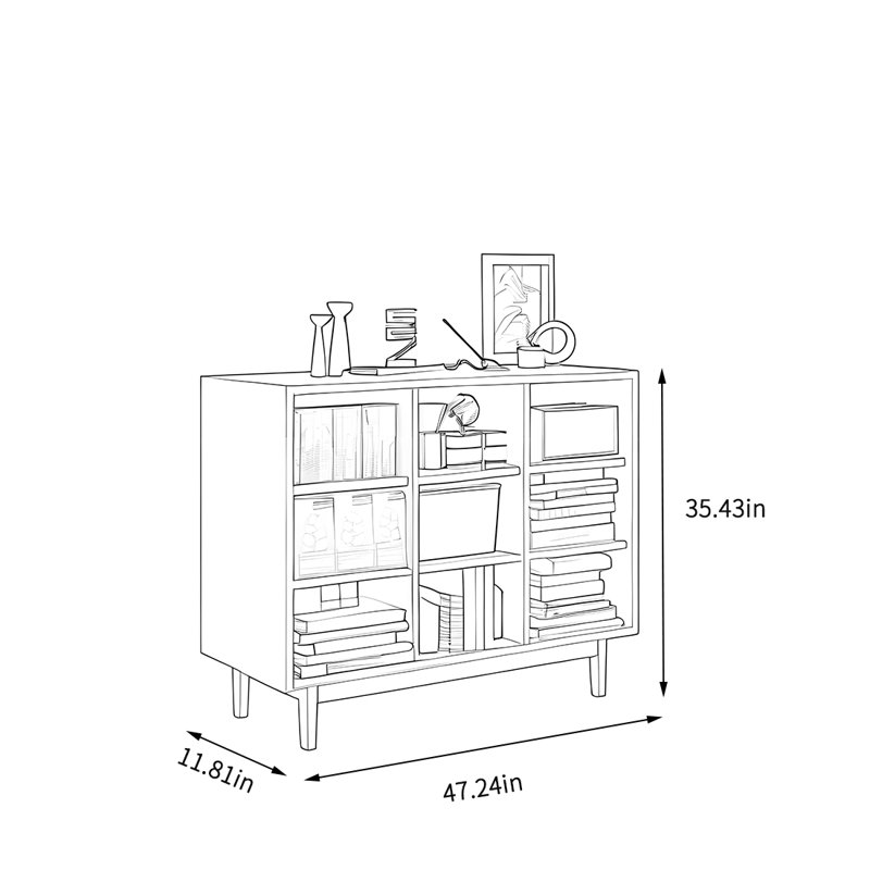 Bibliothèque ouverte et grande capacité en bois massif, (9 tablettes) H 35,43 po x l 47,24 po x P 11,81 po, Brun