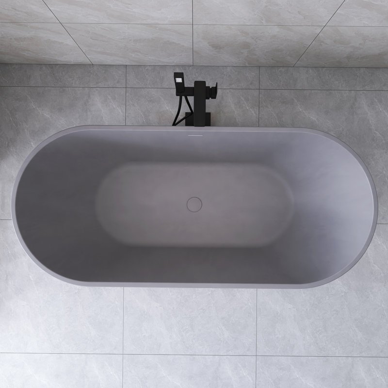 63'' Solid Surface Freestanding Soaking Bathtub In Matte Gray