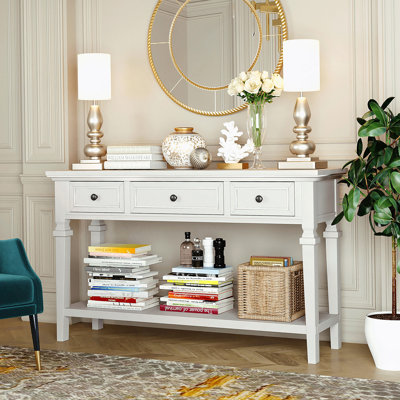 Classic Retro Style Console Table With Three Top Drawers And Open Style Bottom Shelf, Easy Assembly (Antique White)