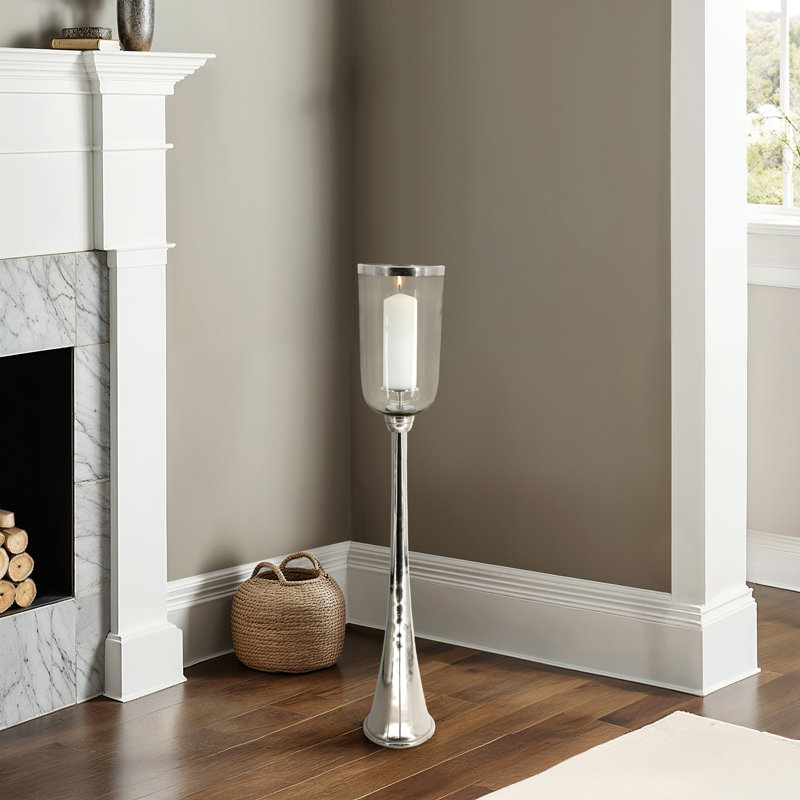 Modern Tall Metal and Glass Floor Candle Holder, 43" H x 7" W x 7" D, Silver