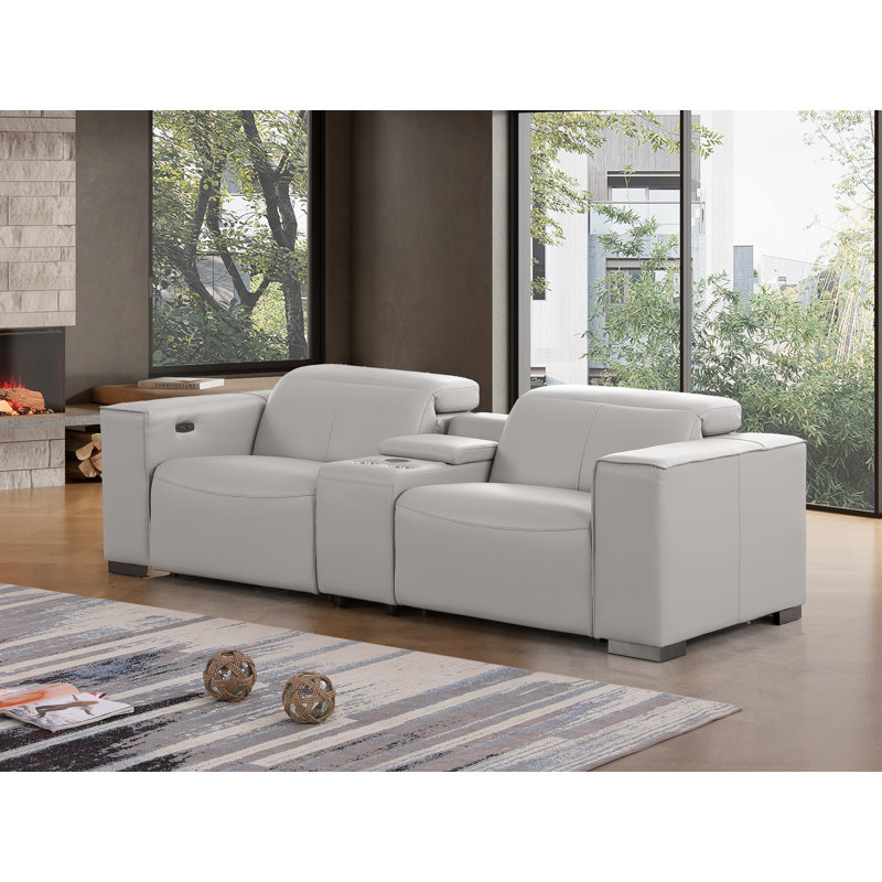 Luxurious Console Loveseat Power Reclining In Genuine Leather With Power Headrests, Light Gray