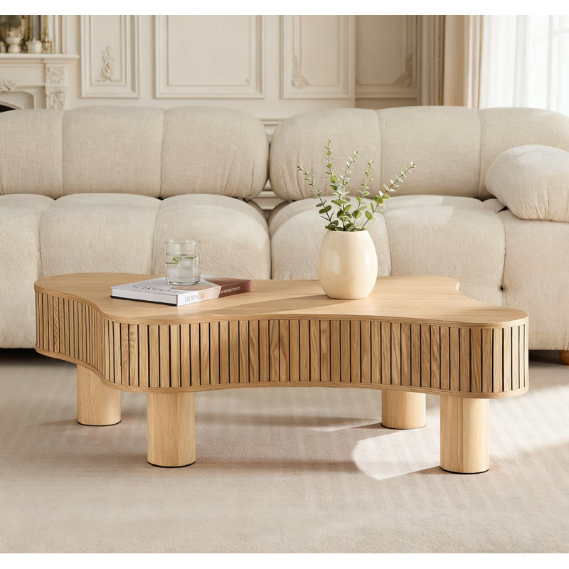 Table basse moderne de forme irrégulière, 42,52 po de longueur, panneau de fibres à densité moyenne avec grain de frêne noyer, pieds en bois d'hévéa massif, assemblage facile des pieds, multifonctionnel