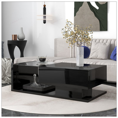 Table basse moderne et élégante avec structure en verre trempé et en bois, table centrale rectangulaire à 2 niveaux pour un attrait de salon amélioré