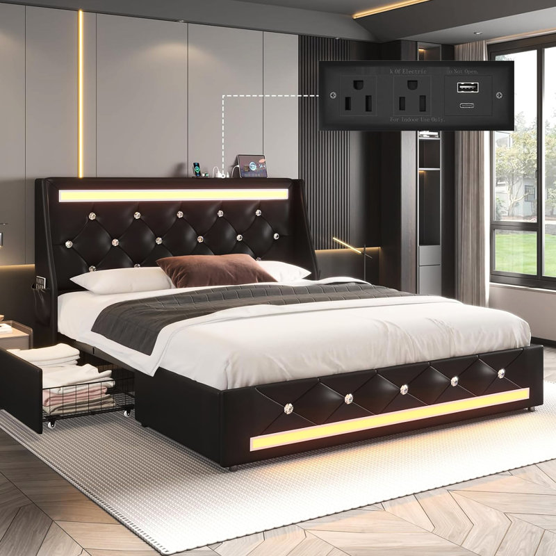 Structure de lit pour grand lit avec tête de lit tapissier, 2 grands tiroirs de rangement, éclairage à DEL intelligent, système de charge 4 en 1, structure de support en métal à oreilles de 12 po, conduit à losanges, construit