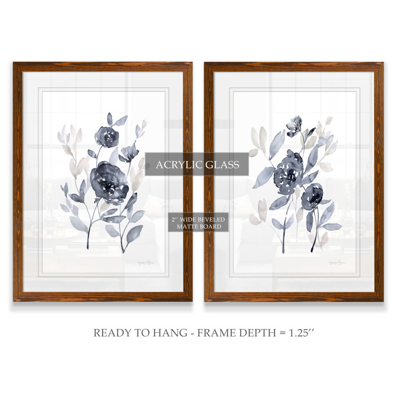 Pivoines en gris - ensemble de 2 reproductions d'art encadrées, H 24 po x l 18 po, Impression encadrée avec passe-partout