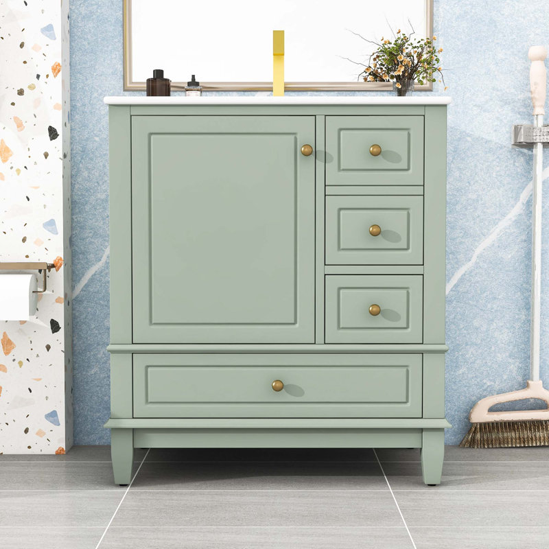 Meuble-lavabo avec lavabo, tablette et trois tiroirs, Vert clair