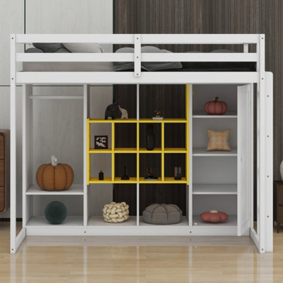 Lit mezzanine en bois avec garde-robe, tablettes et armoire