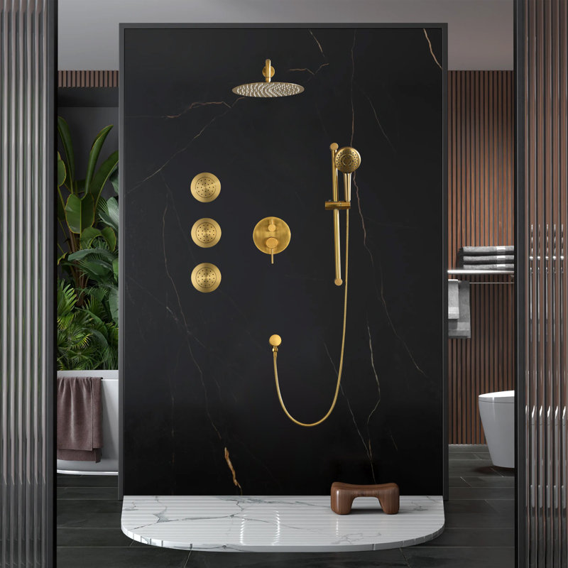 Shower System With 3 Body Jets,12 Inch Wall Mounted Round Rainfall Shower Set Rain Shower Head And Handheld Spray